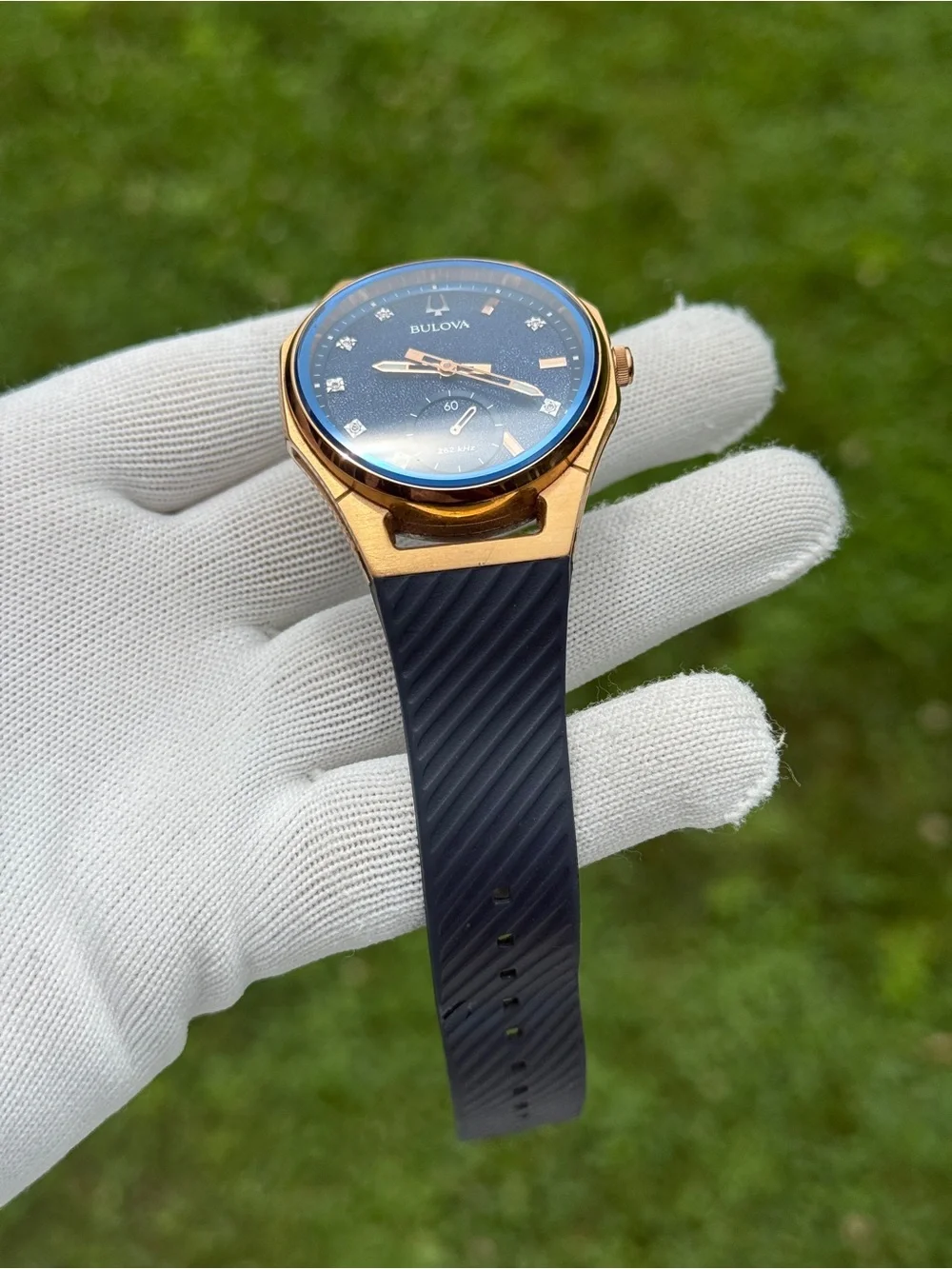 Bulova CURV Marc Anthony Diamond Blue Dial Blue Rubber Strap Watch 40.6mm unisex
